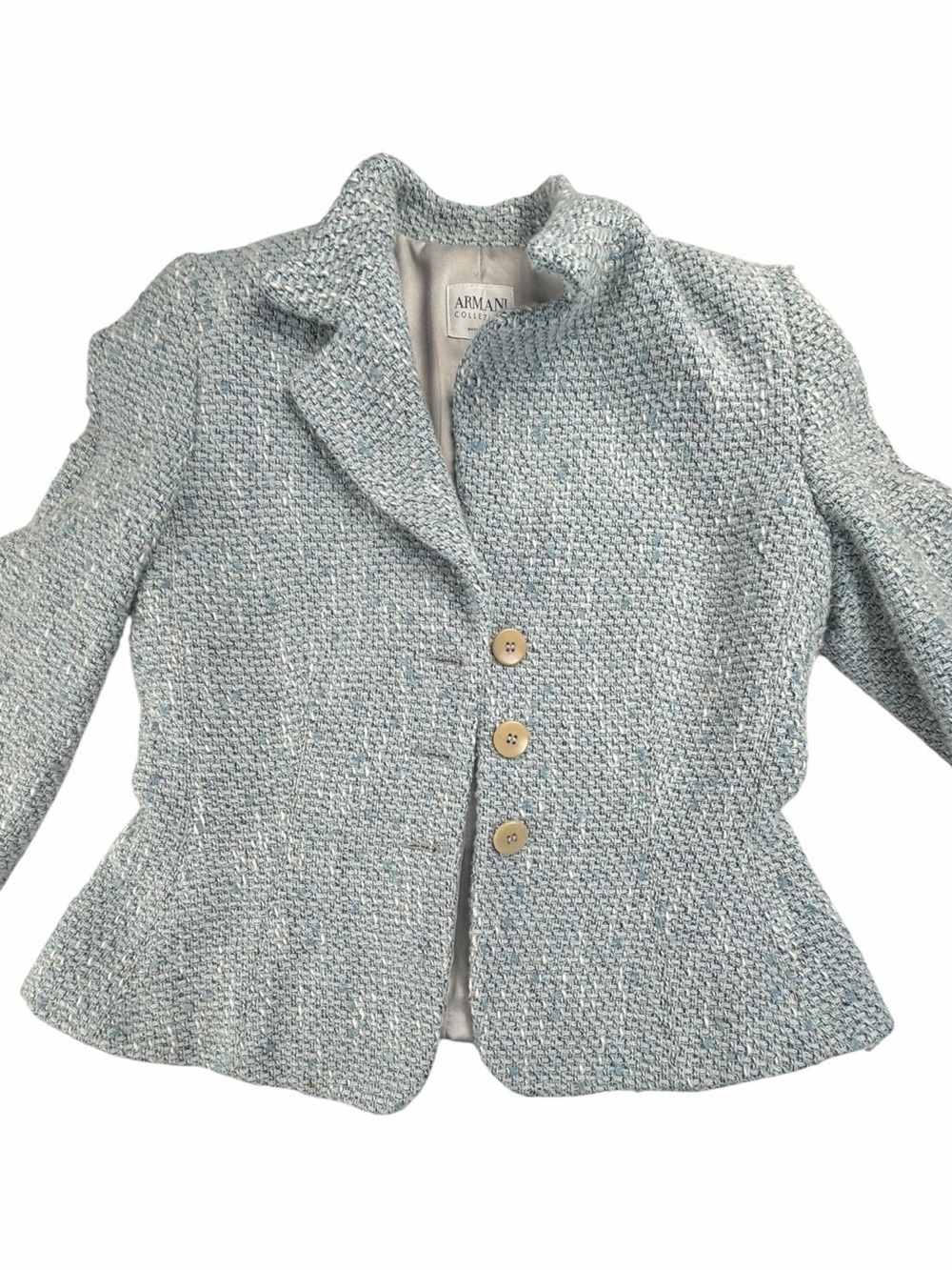 Vintage Armani Collezioni Women’s Tweed Sequin Baby Blue Wool Blazer/Jacket 6 - Picture 3 of 10